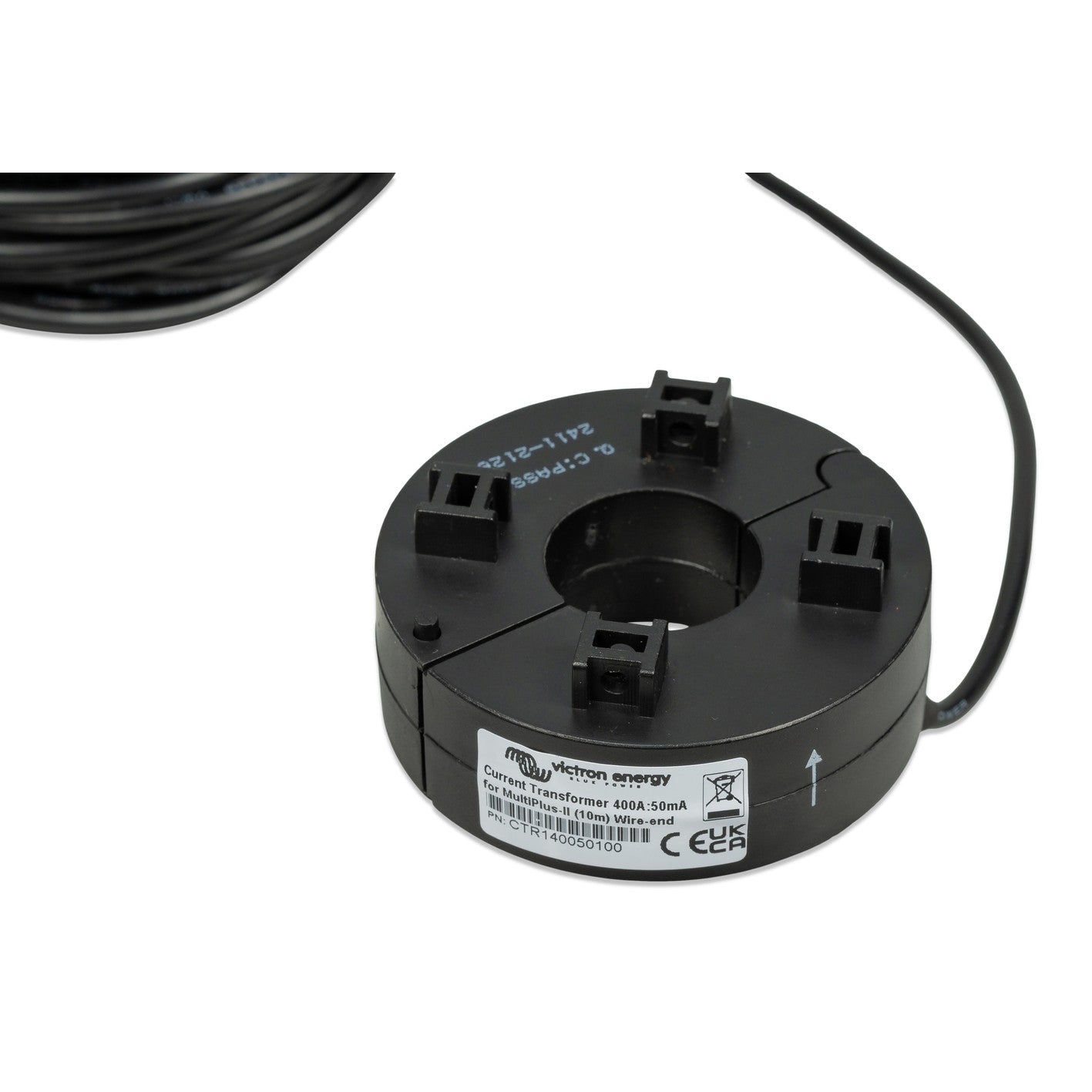 Victron Current Transformer 400A:50mA for MultiPlus-II, part CTR140050100, close-up of the black round split-core transformer showing the Victron Energy label and hinged clamp opening