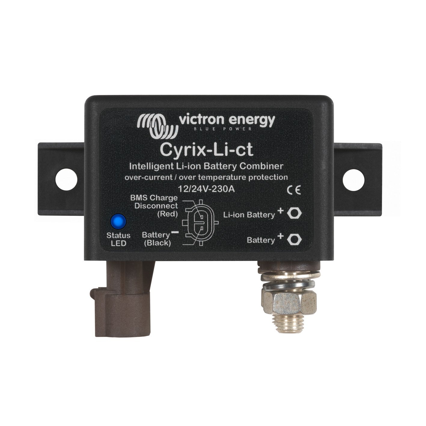 Victron Energy Cyrix-Li-ct 12/24V-230A intelligent Li-ion battery combiner, front view, black moulded case on flat steel mounting bracket with blue status LED and Li-ion Battery / Battery stud terminals
