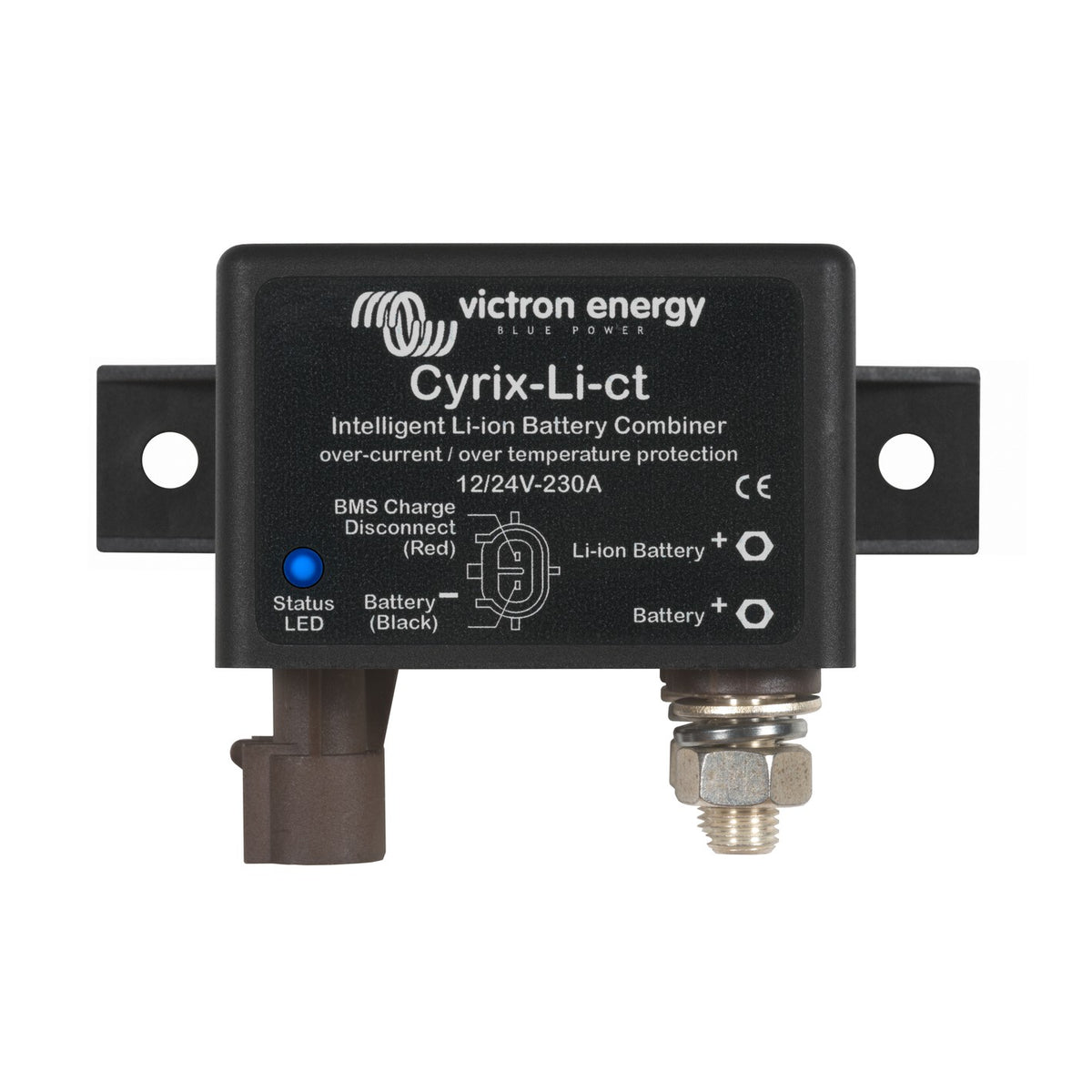 Victron Energy Cyrix-Li-ct 12/24V-230A intelligent Li-ion battery combiner, front view, black moulded case on flat steel mounting bracket with blue status LED and Li-ion Battery / Battery stud terminals