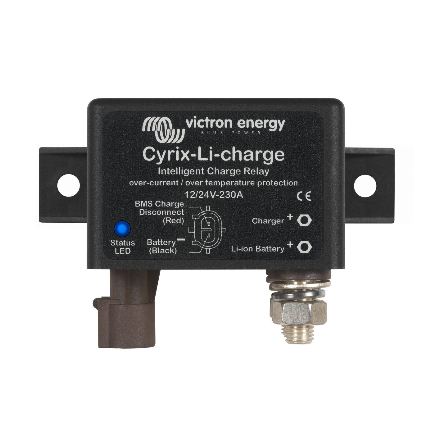 Victron Energy Cyrix-Li-charge 12/24V-230A intelligent charge relay, front view, black moulded case on flat steel mounting bracket with blue status LED and Charger / Li-ion Battery stud terminals