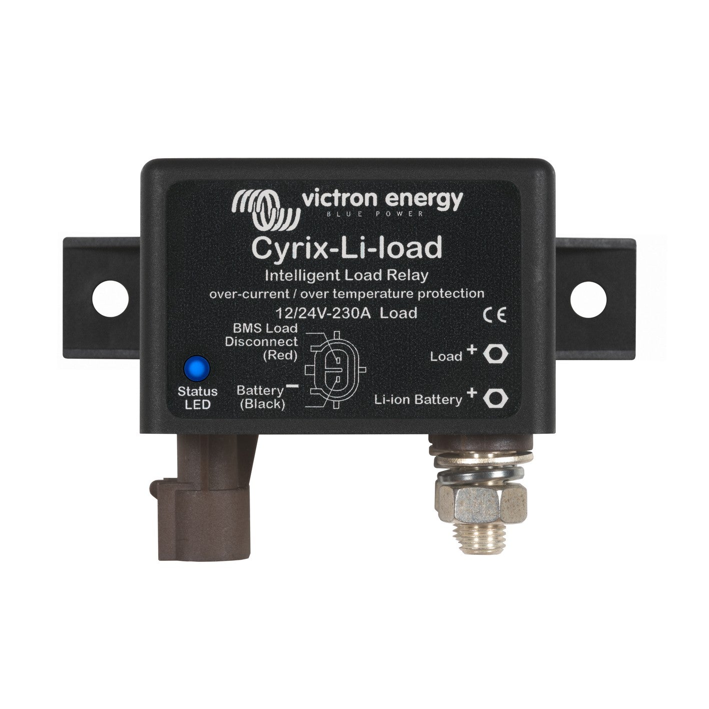 Victron Energy Cyrix-Li-load 12/24V-230A intelligent load relay, front view, black moulded case on flat steel mounting bracket with blue status LED and Load / Li-ion Battery stud terminals
