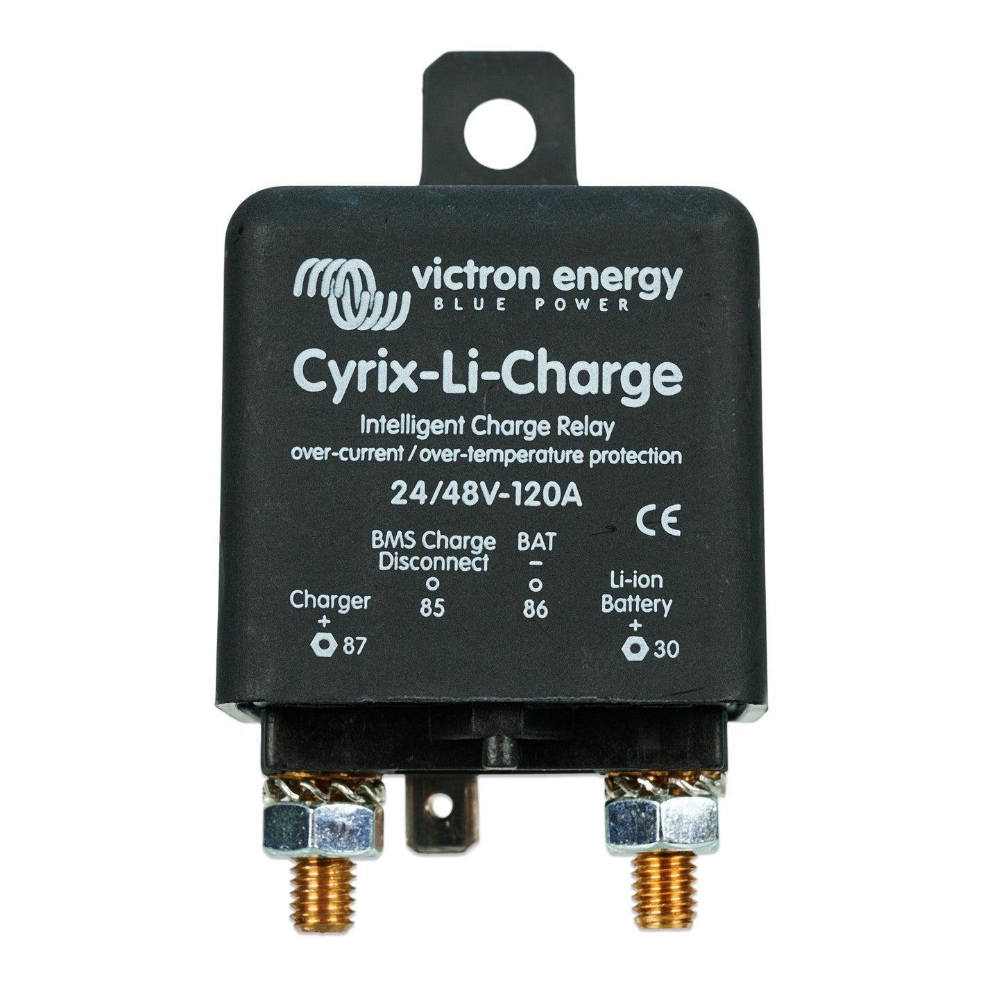 Victron Cyrix-Li-Charge 24/48V-120A intelligent charge relay, front view, black moulded case with mounting bracket, terminals 87 Charger and 30 Li-ion Battery and spade terminals 85 and 86