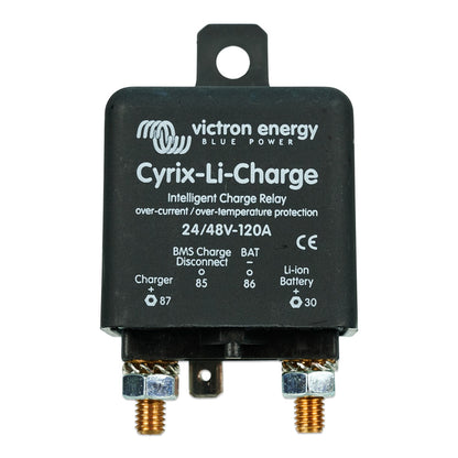 Victron Cyrix-Li-Charge 24/48V-120A intelligent charge relay, front view, black moulded case with mounting bracket, terminals 87 Charger and 30 Li-ion Battery and spade terminals 85 and 86