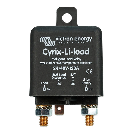 Victron Cyrix-Li-load 24/48V-120A intelligent load relay, front view, black moulded case with mounting bracket, terminals 87 Load and 30 Li-ion Battery and spade terminals 85 and 86