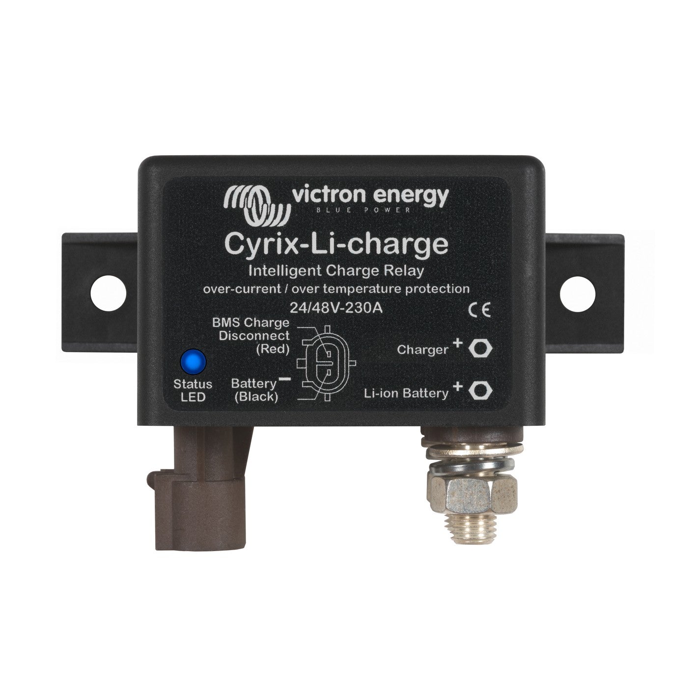 Victron Energy Cyrix-Li-charge 24/48V-230A intelligent charge relay, front view, black moulded case on flat steel mounting bracket with blue status LED and Charger / Li-ion Battery stud terminals