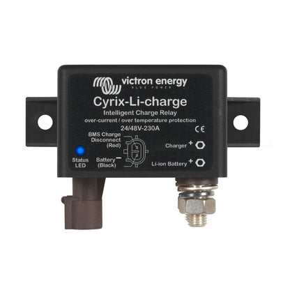 Victron Energy Cyrix-Li-charge 24/48V-230A intelligent charge relay, front view, black moulded case on flat steel mounting bracket with blue status LED and Charger / Li-ion Battery stud terminals