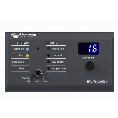 Victron Digital Multi Control 200/200A GX remote panel, front view, dark grey panel with charger and inverter status LEDs, charger-only/off/on toggle switch, rotary knob and blue current limit display
