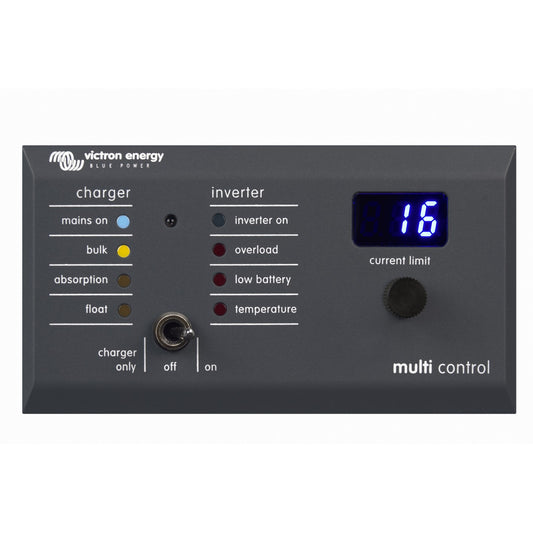 Victron Digital Multi Control 200/200A GX remote panel, front view, dark grey panel with charger and inverter status LEDs, charger-only/off/on toggle switch, rotary knob and blue current limit display