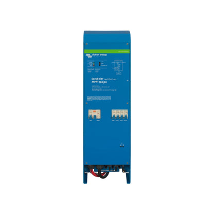 Victron EasySolar 1600 VA MPPT 100/50 inverter/charger with integrated AC distribution, front view, blue wall-mount enclosure with green Victron Energy banner and six white circuit breakers