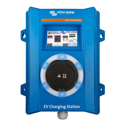 Victron Energy EV Charging Station (EVC300400300) 22kW AC wall charger, front view, blue case with 4.3 inch LCD touchscreen, RGB light ring and IEC 62196 Type 2 socket