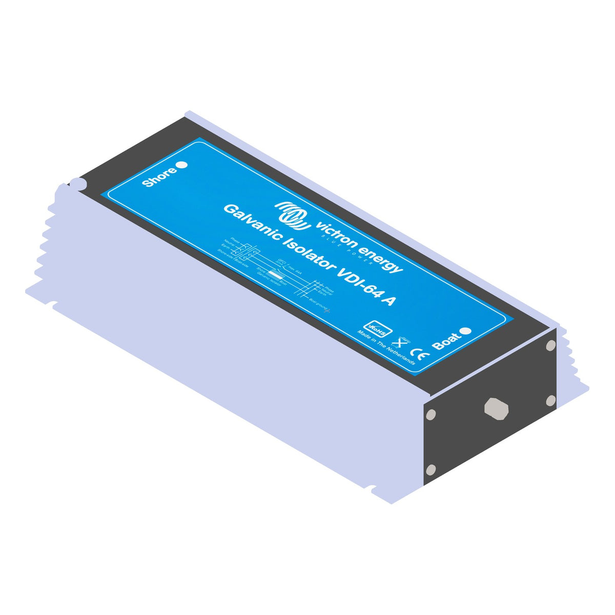 Victron Energy Galvanic Isolator VDI-64 A, isometric view of the top face, blue label with Shore and Boat terminal markings on a black and aluminium finned housing