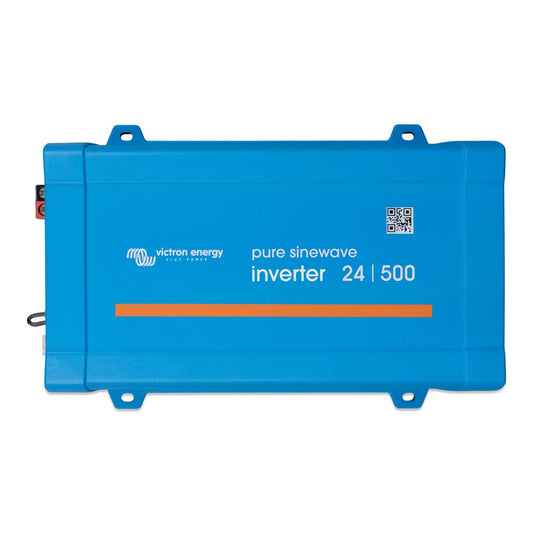 Victron Phoenix 24/500 120V VE.Direct pure sine wave inverter, top view, blue case marked 24 | 500 with DC screw terminals at the left end