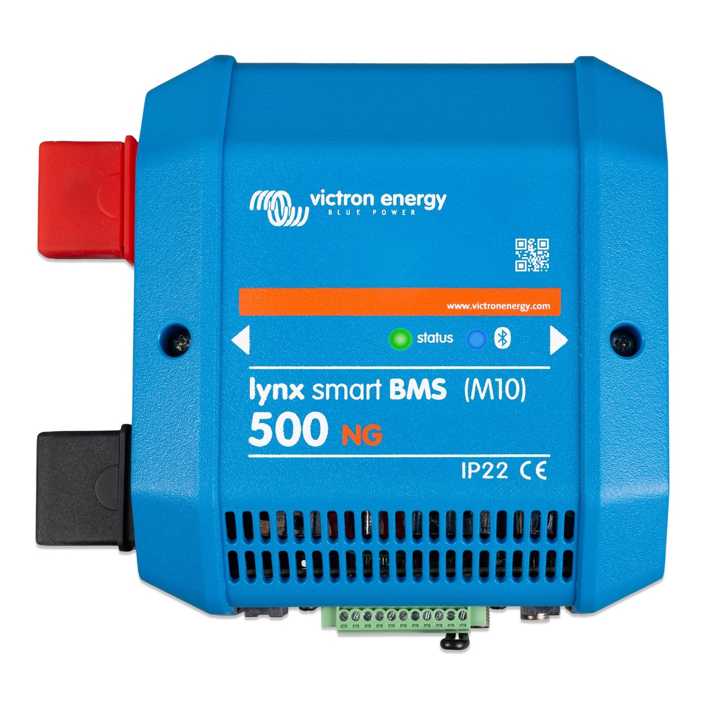 Victron Lynx Smart BMS 500 NG (M10) battery management system, top view, blue case with red and black terminal covers and 500 NG front label
