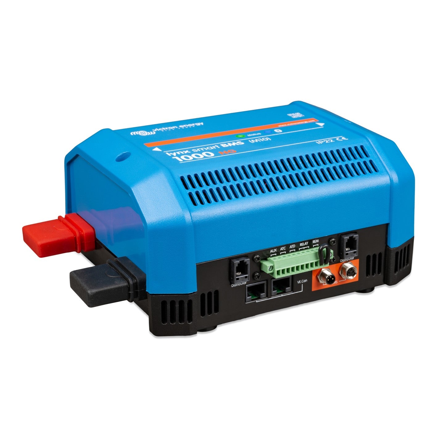 Victron Lynx Smart BMS 1000 NG (M10) battery management system, angled left view showing VE.Can, AUX, ATC, ATD, relay and M12 BMS connection ports