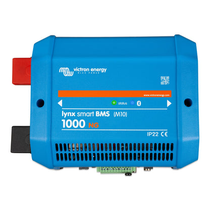 Victron Lynx Smart BMS 1000 NG (M10) battery management system, top view, blue case with red and black terminal covers and 1000 NG front label