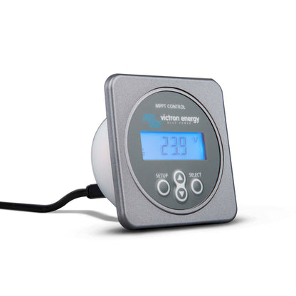 Victron MPPT Control — three-quarter view of the round panel in a square wall enclosure with VE.Direct lead
