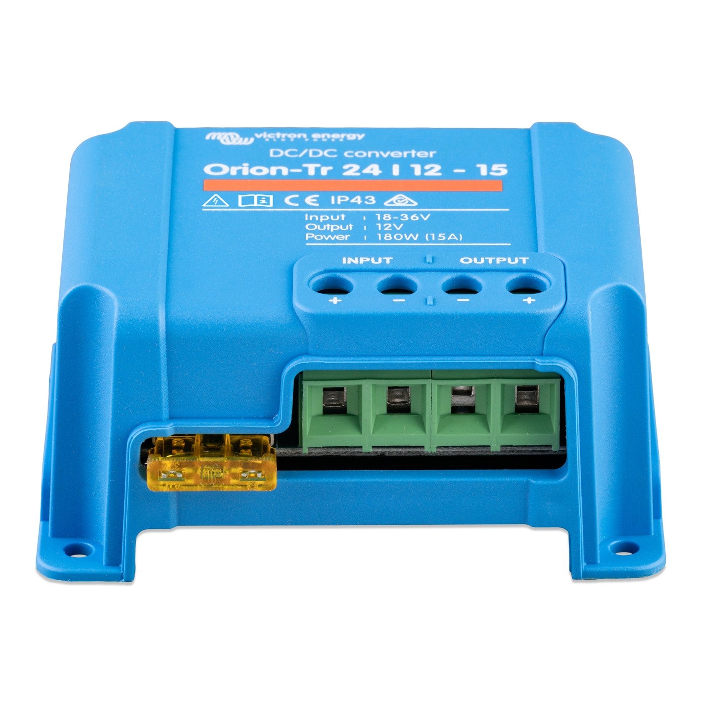 Victron Orion-Tr 24/12-15 non-isolated DC-DC converter, 180W (15A), front view showing green input and output terminal block and yellow inline blade fuse