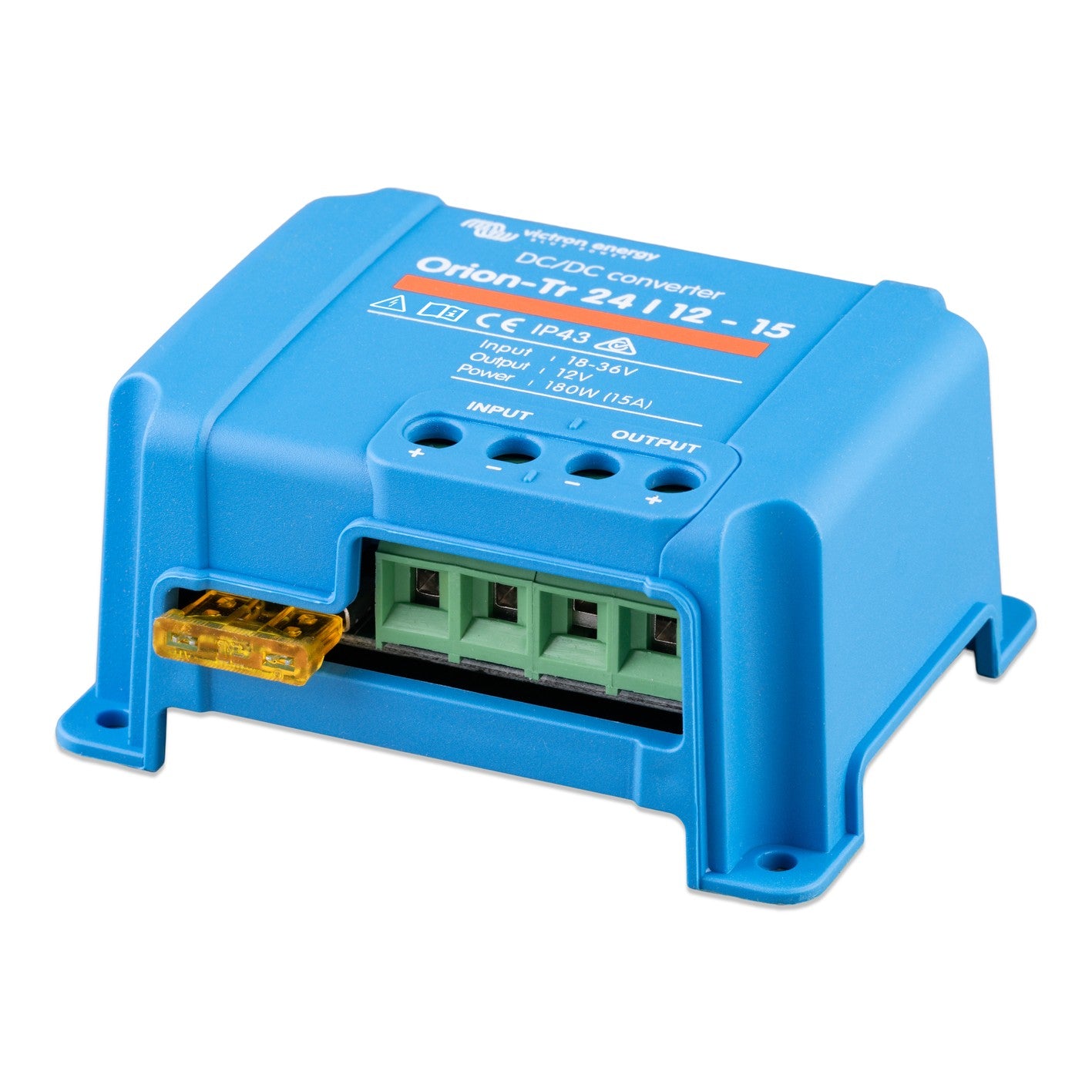 Victron Orion-Tr 24/12-15 non-isolated DC-DC converter, 180W (15A), left three-quarter view of blue case with mounting flanges and 18-36V input rating