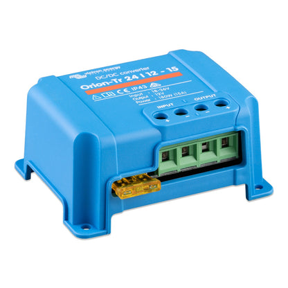 Victron Orion-Tr 24/12-15 non-isolated DC-DC converter, 180W (15A), right three-quarter view showing terminal block, blade fuse and blue housing