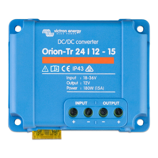 Victron Orion-Tr 24/12-15 non-isolated DC-DC converter, 180W (15A), top view of blue case showing model silkscreen, IP43 marking and four screw terminals