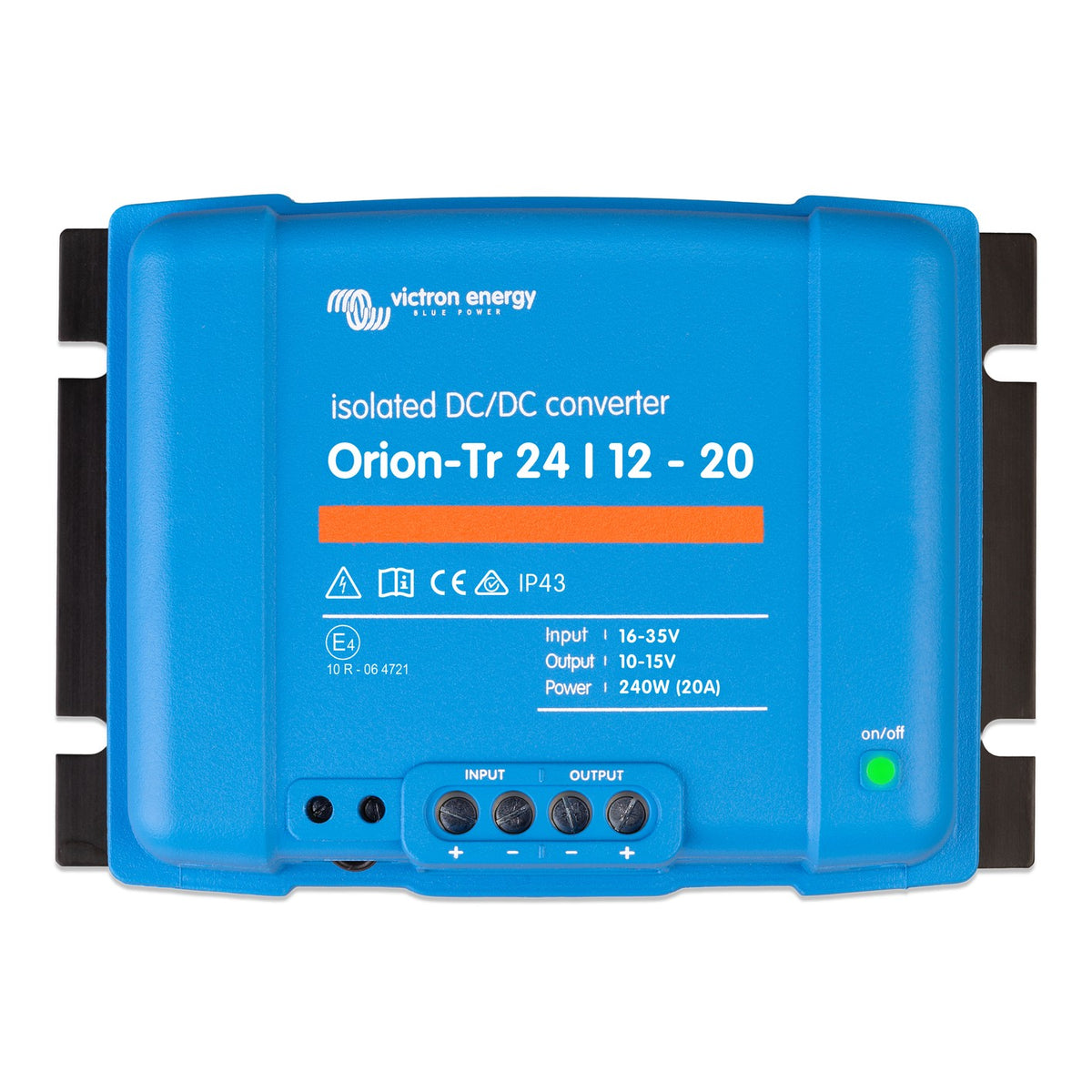 Victron Orion-Tr 24/12-20A (240W) isolated DC-DC converter, top view, blue case with black side mounting brackets and four input/output screw terminals