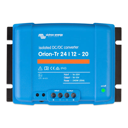 Victron Orion-Tr 24/12-20A (240W) isolated DC-DC converter, top view, blue case with black side mounting brackets and four input/output screw terminals