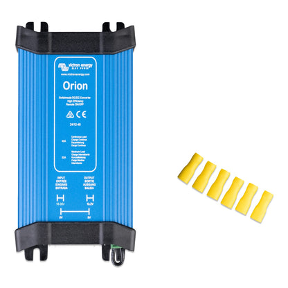 Victron Orion 24/12-40 non-isolated DC-DC converter, top view, blue extruded case with black end caps and yellow spade terminals, panel marked 24/12-40 40A continuous 50A maximum