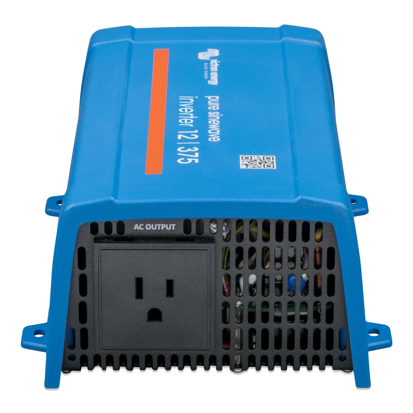 Victron Phoenix 12/375 120V VE.Direct inverter, AC output end showing the single NEMA 5-15R 120V socket beside the ventilated black panel