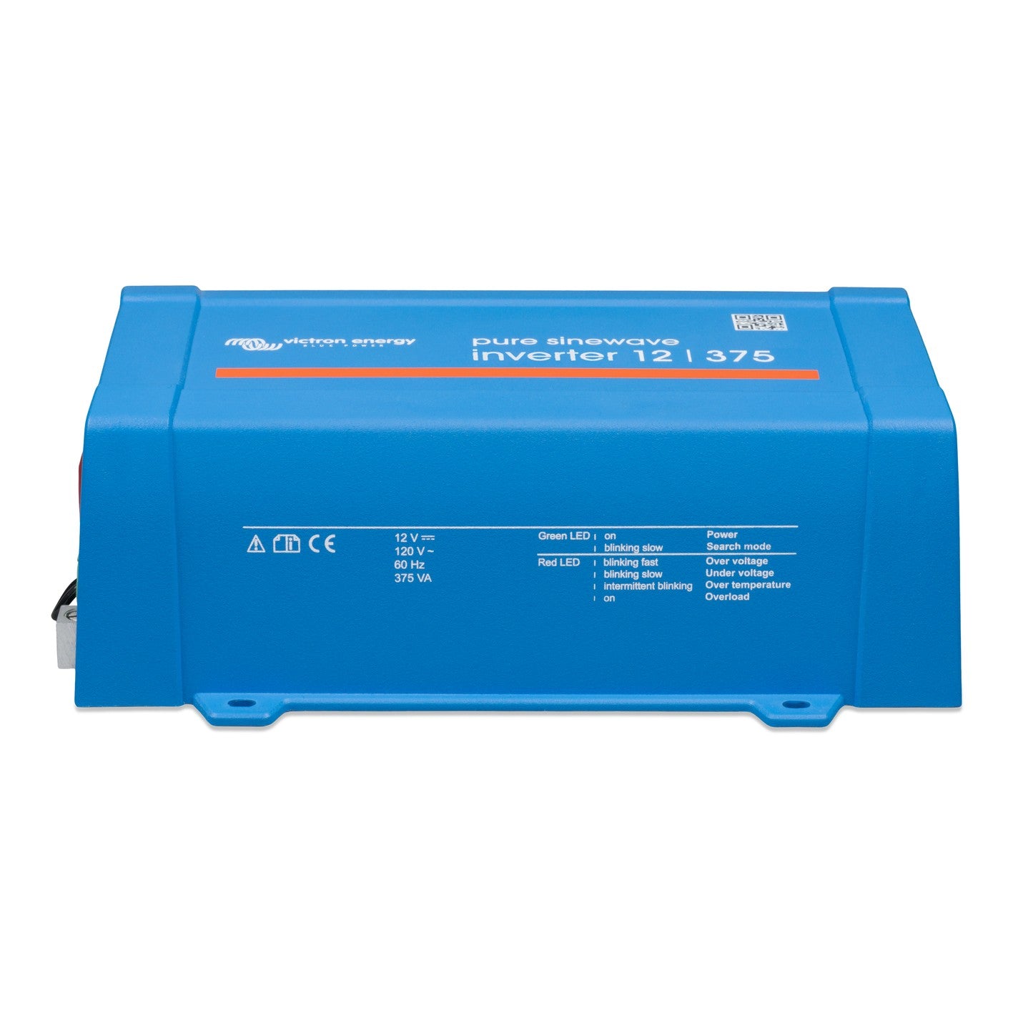 Victron Phoenix 12/375 120V VE.Direct inverter, side view with the printed rating panel reading 12 V DC input, 120 V AC 60 Hz output, 375 VA, plus the green and red LED status legend