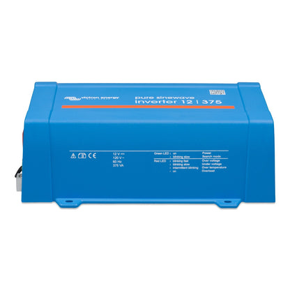 Victron Phoenix 12/375 120V VE.Direct inverter, side view with the printed rating panel reading 12 V DC input, 120 V AC 60 Hz output, 375 VA, plus the green and red LED status legend
