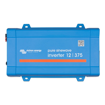 Victron Phoenix 12/375 120V VE.Direct pure sinewave inverter, top view, blue case with orange stripe and 'inverter 12 | 375' silkscreen, red and black DC terminals at the left edge