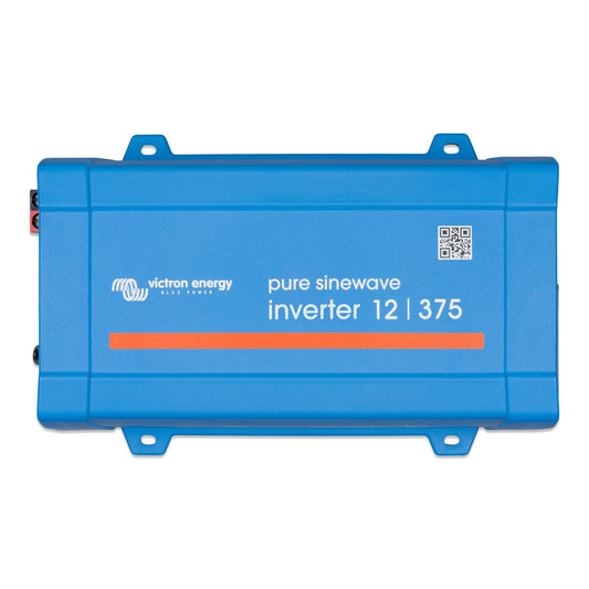 Victron Phoenix 12/375 120V VE.Direct pure sinewave inverter, top view, blue case with orange stripe and 'inverter 12 | 375' silkscreen, red and black DC terminals at the left edge