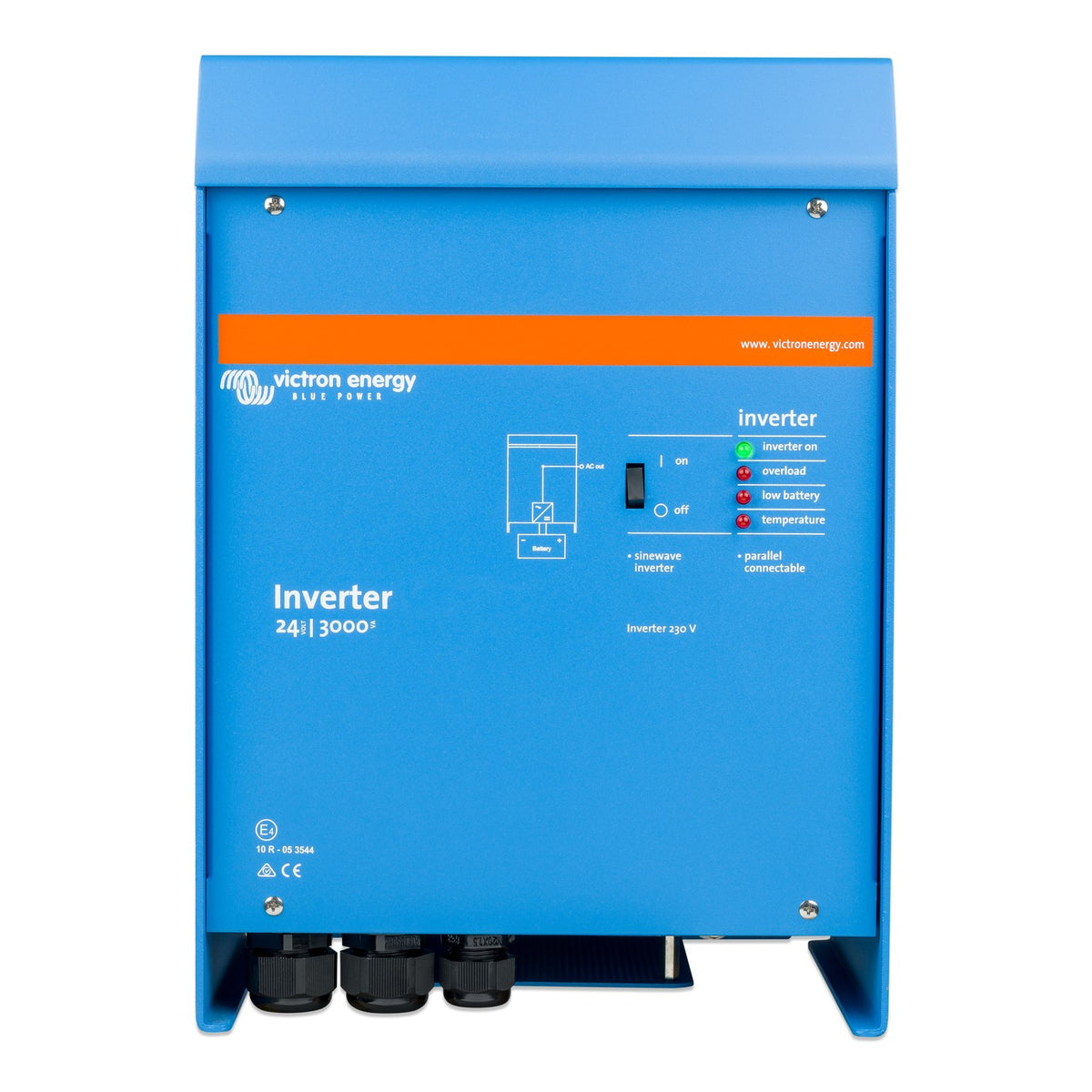 Victron Phoenix Inverter 24/3000 VE.Bus, 24 Volt 3000 VA 230 V pure sine wave inverter, front view, blue steel case with orange stripe, on/off rocker switch, four status LEDs and three cable glands underneath