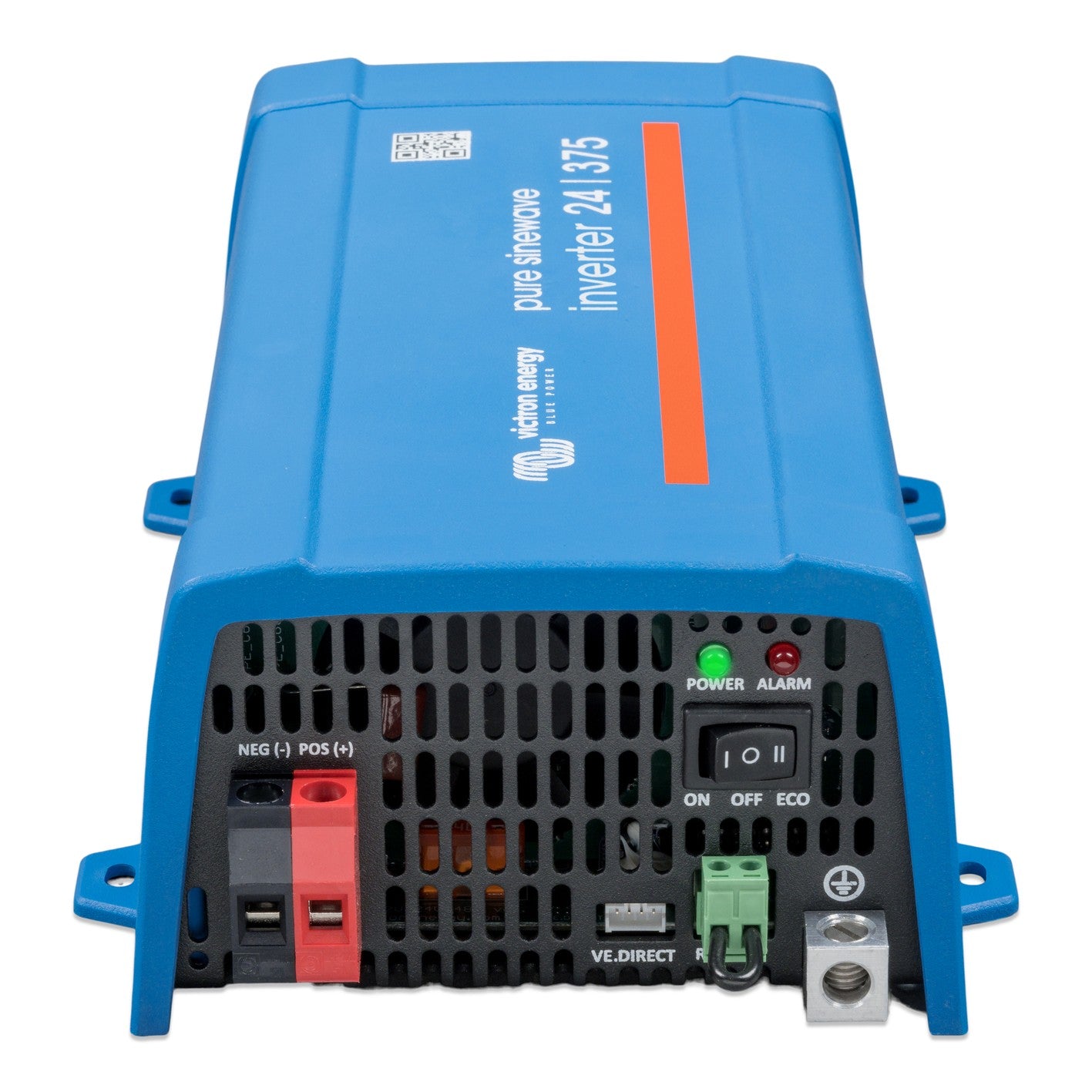 Victron Phoenix Inverter 24/375 120V VE.Direct, DC connection end, showing NEG/POS battery terminals, VE.Direct port, remote terminal, earth stud and ON/OFF/ECO switch