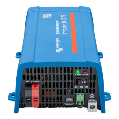 Victron Phoenix Inverter 24/375 120V VE.Direct, DC connection end, showing NEG/POS battery terminals, VE.Direct port, remote terminal, earth stud and ON/OFF/ECO switch