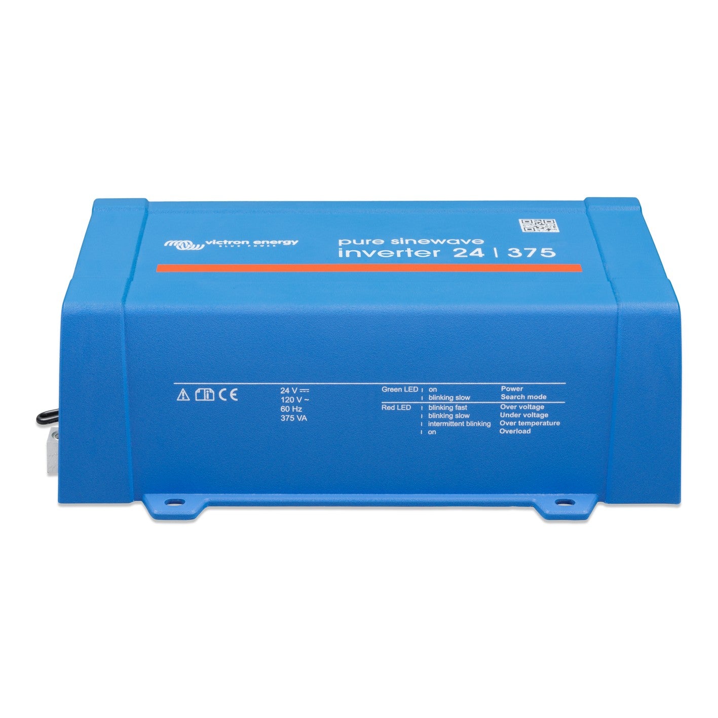 Victron Phoenix Inverter 24/375 120V VE.Direct, side view, rating label reading 24 V DC input, 120 V 60 Hz output, 375 VA