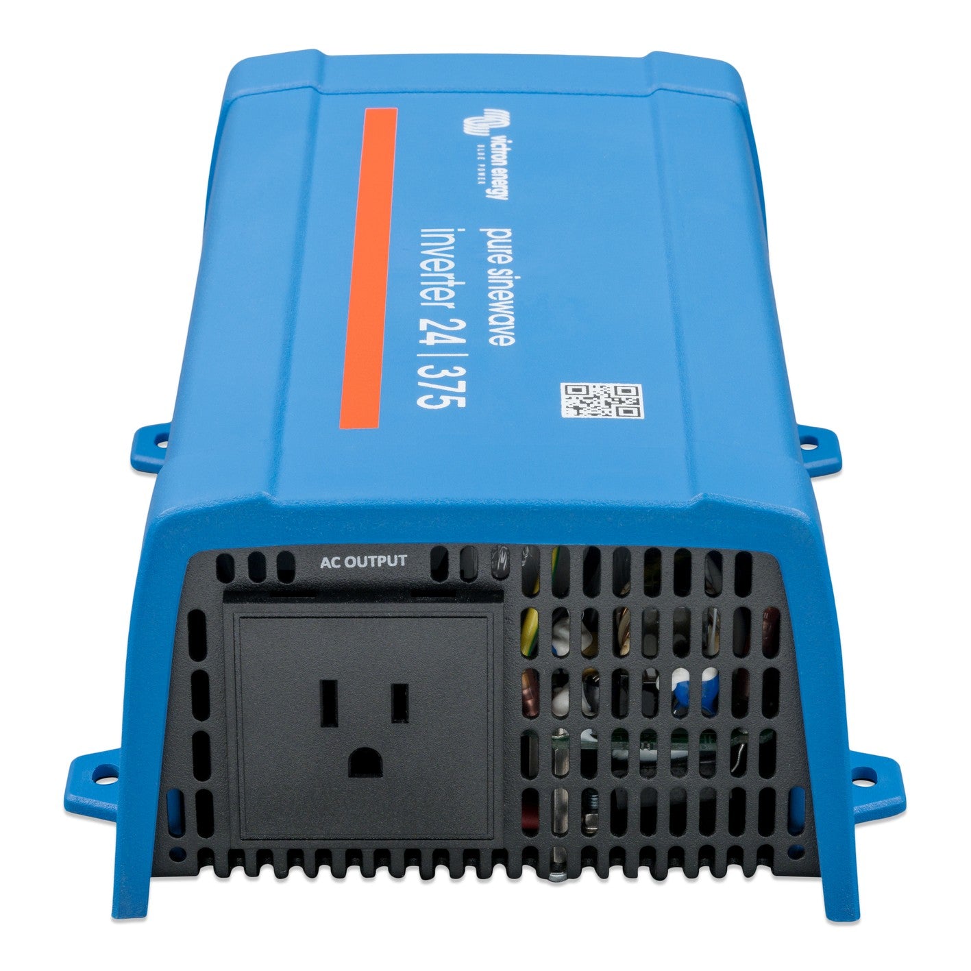 Victron Phoenix Inverter 24/375 120V VE.Direct, AC output end, showing the NEMA 5-15R 120V socket in the black vented panel