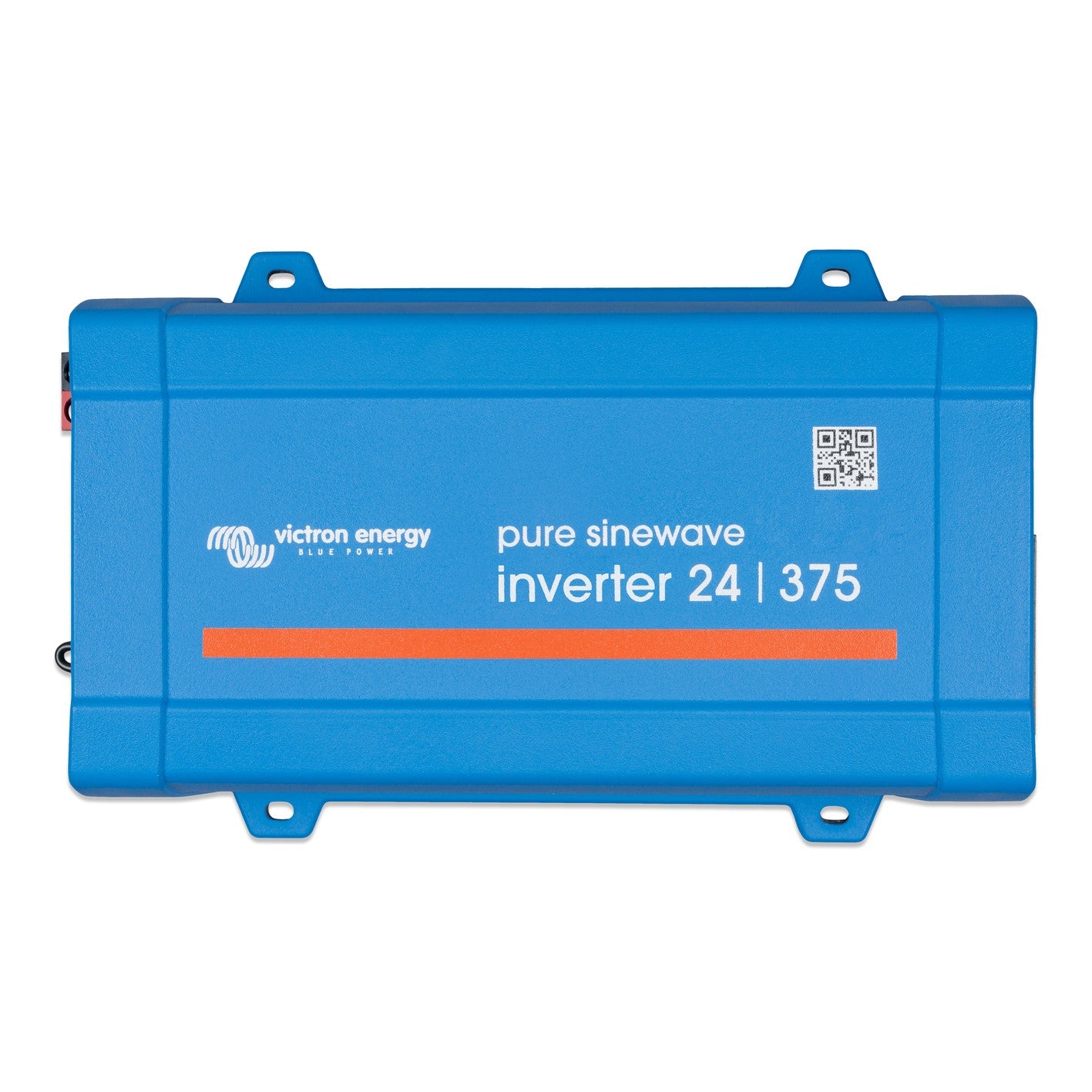 Victron Phoenix Inverter 24/375 120V VE.Direct, top view, blue case with orange stripe and 'pure sinewave inverter 24 | 375' silkscreen