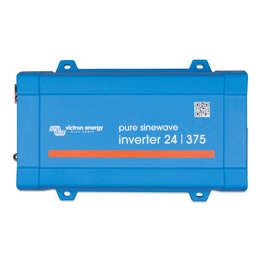 Victron Phoenix Inverter 24/375 120V VE.Direct, top view, blue case with orange stripe and 'pure sinewave inverter 24 | 375' silkscreen