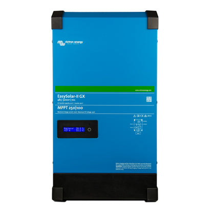 Victron EasySolar-II GX 48/5000/70-50 inverter/charger with MPPT 250/100, front view, blue case with integrated GX display