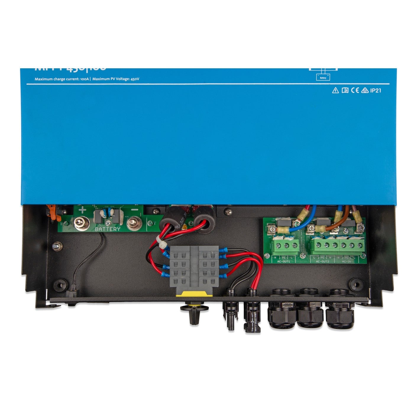 Victron Multi RS Solar 48/6000/100-450/100 dual tracker hybrid inverter/charger, connection compartment open showing battery busbars, AC-IN, AC-OUT1 and AC-OUT2 terminals, MC4 PV inputs and cable glands