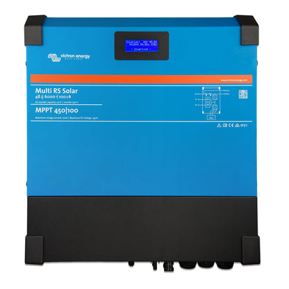 Victron Multi RS Solar 48/6000/100-450/100 dual tracker hybrid inverter/charger, front view, blue case with LCD display and MPPT 450|100 panel marking