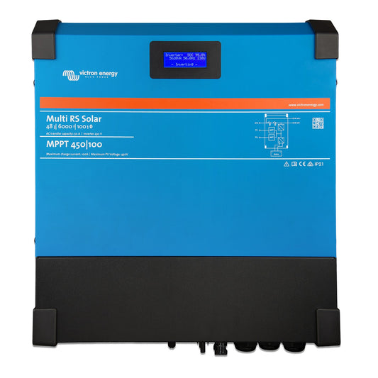 Victron Multi RS Solar 48/6000/100-450/100 dual tracker hybrid inverter/charger, front view, blue case with LCD display and MPPT 450|100 panel marking
