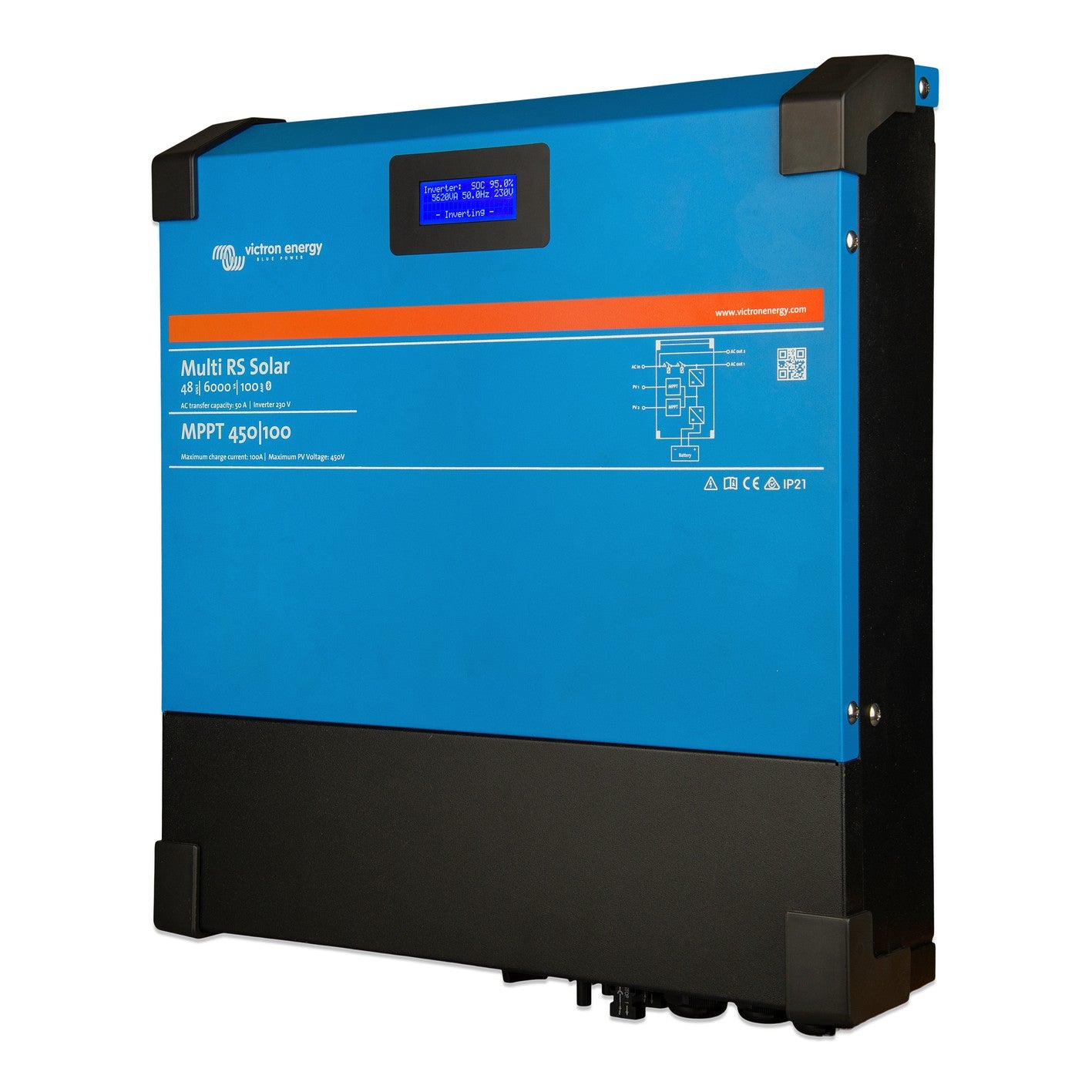Victron Multi RS Solar 48/6000/100-450/100 dual tracker hybrid inverter/charger, left angled view showing slim wall-mount body