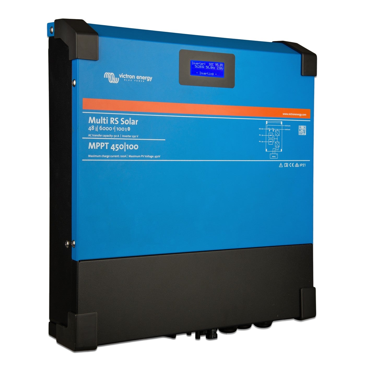 Victron Multi RS Solar 48/6000/100-450/100 dual tracker hybrid inverter/charger, right angled view showing black heatsink side panel