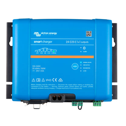 Victron Phoenix Smart IP43 Charger 24/25 (1+1) battery charger, top view, blue case with 24 VOLT 25 AMP 1+1 outputs panel marking and twin DC output glands