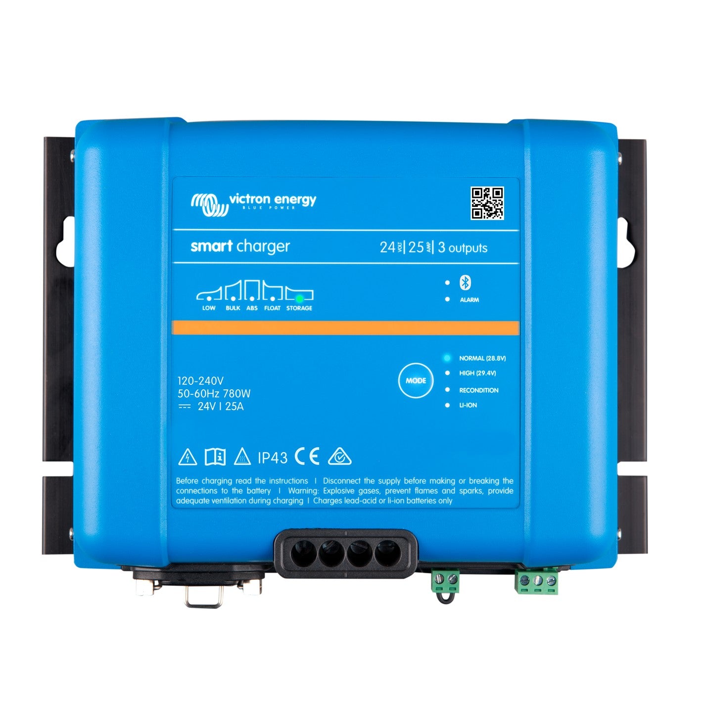 Victron Phoenix Smart IP43 Charger 24/25 (3) battery charger, top view, blue case with 24 VOLT 25 AMP 3 outputs panel marking and four-way DC output gland block
