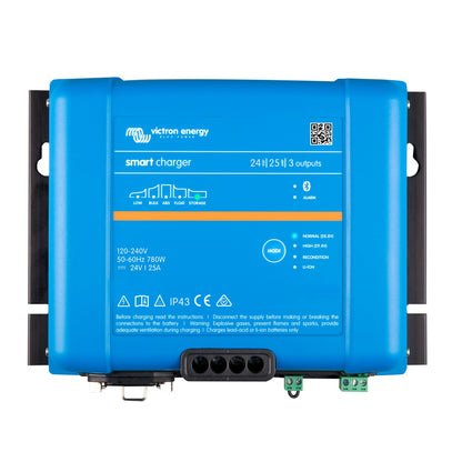 Victron Phoenix Smart IP43 Charger 24/25 (3) battery charger, top view, blue case with 24 VOLT 25 AMP 3 outputs panel marking and four-way DC output gland block