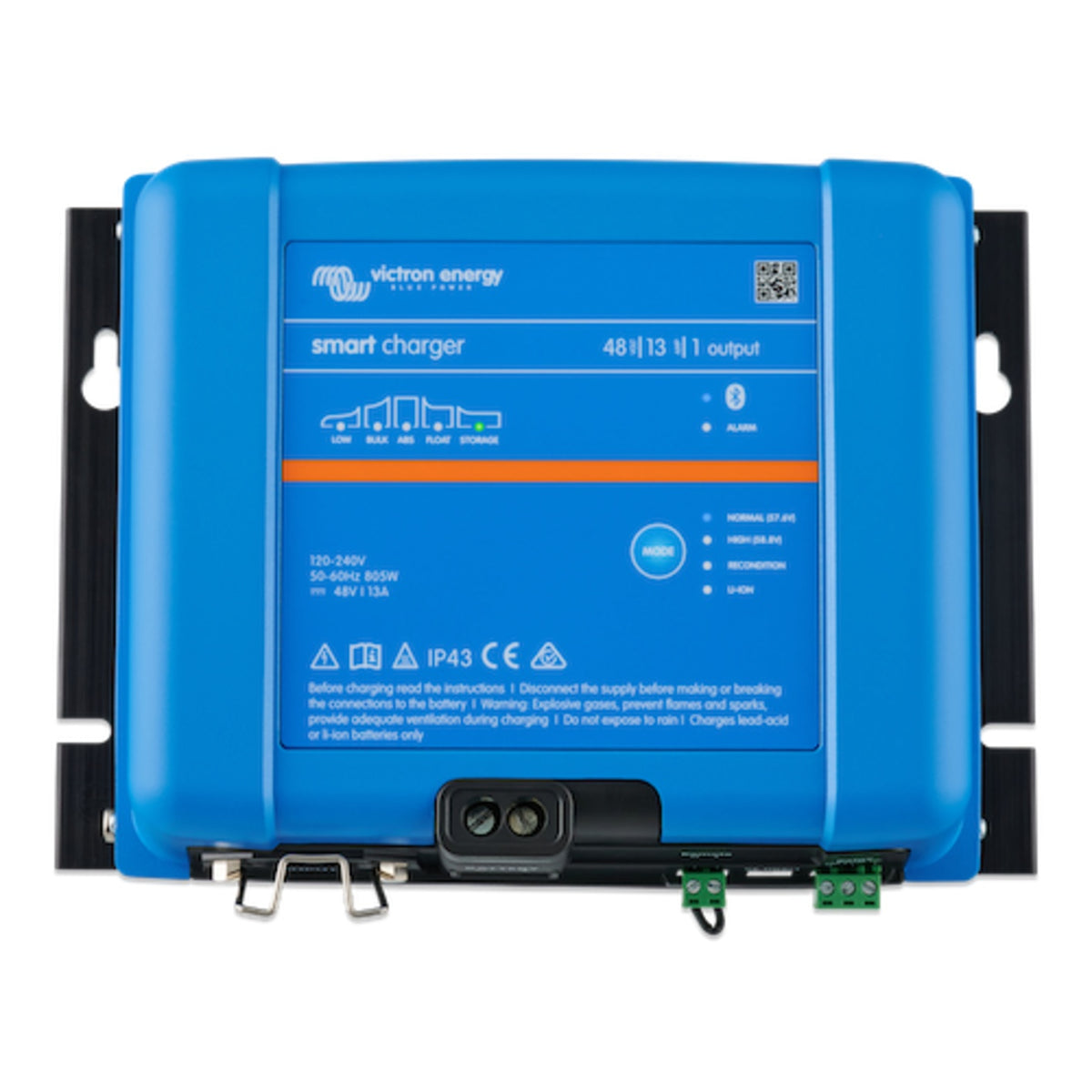 Victron Phoenix Smart IP43 Charger 48/13 (1) battery charger, top view, blue case with 48 VOLT 13 AMP 1 output panel marking and single DC output gland
