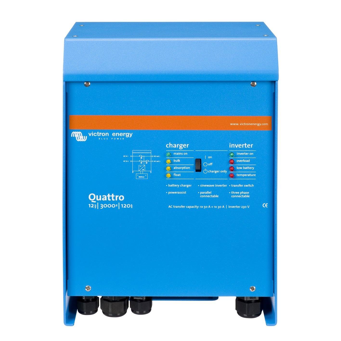 Victron Quattro 12/3000/120-50/30 230V inverter/charger – front view